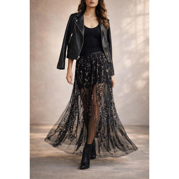 NWT Y2K Black Sequin Sheer Pleated Maxi Skirt Low Rise Party Evening Statement - Picture 3 of 10